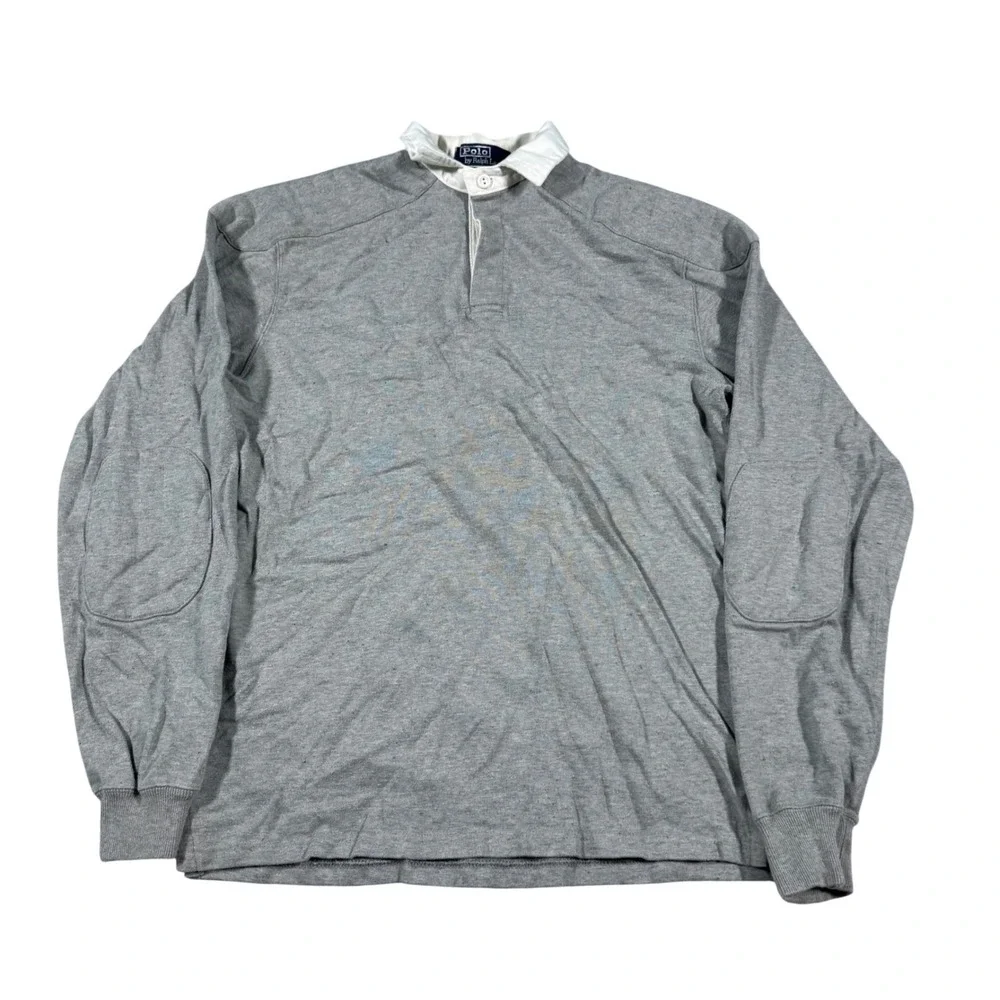 Polo Ralph Lauren Rugby Shirt Mens Medium Gray Vintage Elbow Patches USA Made